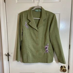 Sara‎ Morgan for Haband Womens Blazer M Green Button Up Embroidered Flower Retro